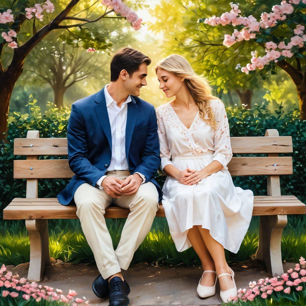 A serene couple sitting on a park bench, surrounded by blooming flowers symbolizing love, with their hands intertwined and soft smiles, showcasing deep emotional connection. The background features soft, warm sunlight filtering through the trees, evoking a sense of tranquility and affection. Include subtle heart shapes in the flower petals to enhance the theme of romance and connection. painting. warm colors. soft focus.