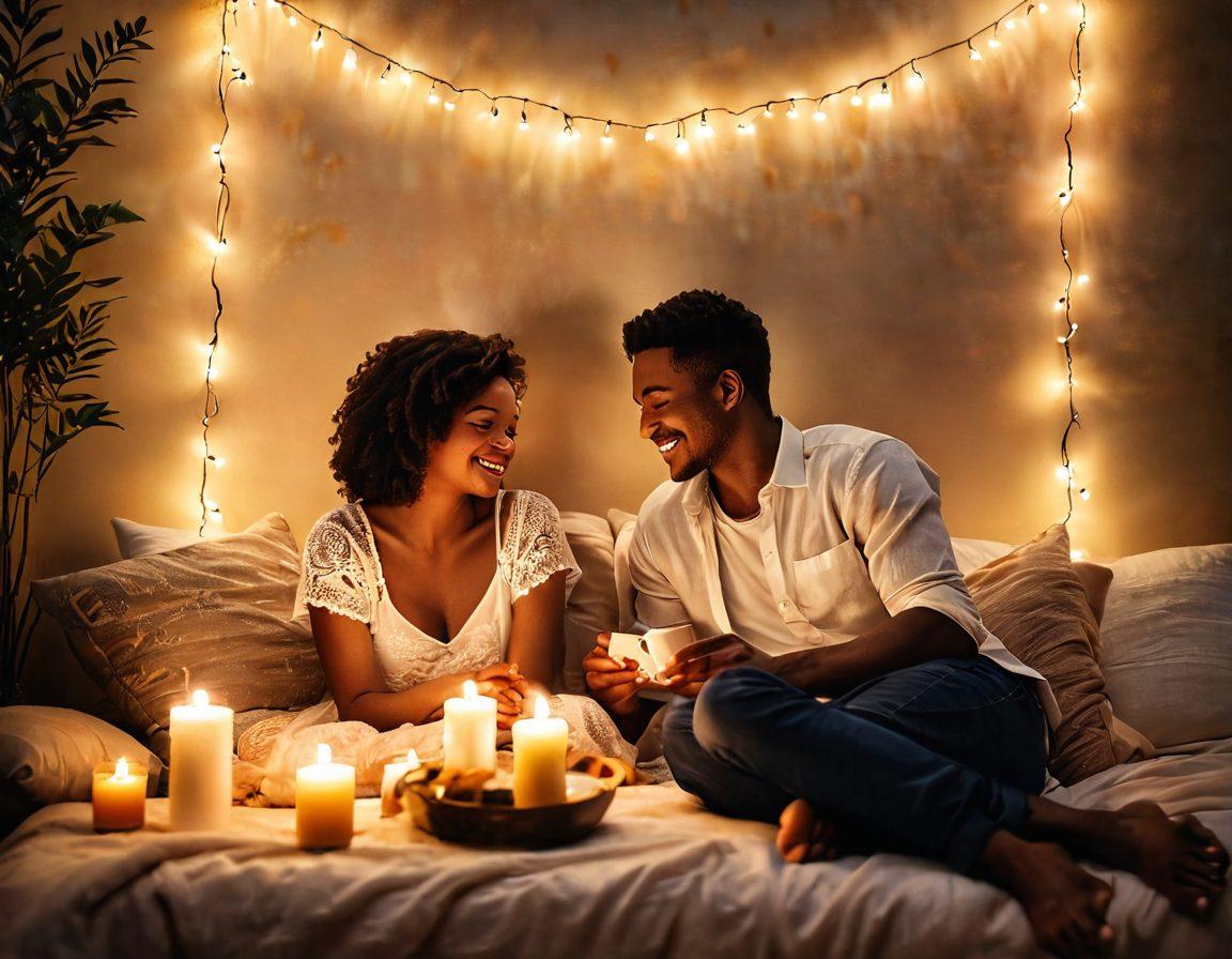 An enchanting scene depicting a couple in a cozy, intimate setting, sharing a laughter-filled moment. Surround them with soft glowing candles and a backdrop of delicate fairy lights, symbolizing warmth and connection. Include handwritten love notes scattered around, reflecting the journey from infatuation to deep devotion. Evoke feelings of romance and commitment through rich, warm colors and gentle textures. super-realistic. vibrant colors. soft focus.