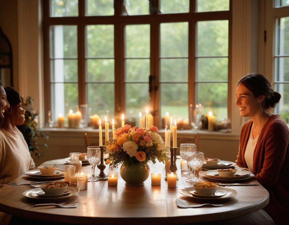 A warm, inviting scene showcasing a beautifully set dining table adorned with candles and flowers, surrounded by diverse friends and family laughing and sharing stories. Soft light filters through a window, casting gentle shadows, symbolizing cherished connections. Include elements like hand-written notes of affection and a cozy fireplace in the background to evoke intimacy. soft focus, vibrant colors, warm light.